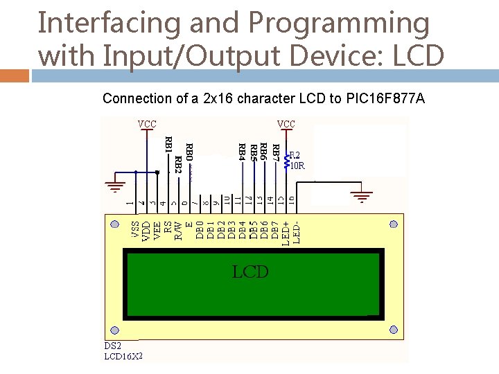 Interfacing and Programming with Input/Output Device: LCD Connection of a 2 x 16 character