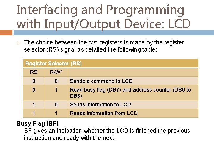 Interfacing and Programming with Input/Output Device: LCD The choice between the two registers is