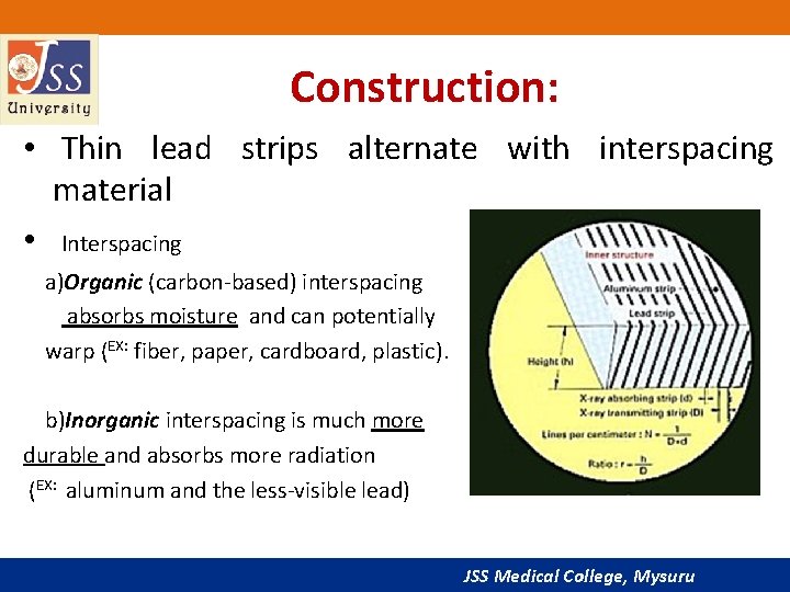 Construction: • Thin lead strips alternate with interspacing material • Interspacing a)Organic (carbon-based) interspacing