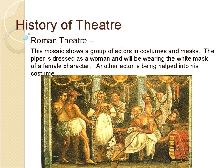 History of Theatre Roman Theatre – This mosaic shows a group of actors in