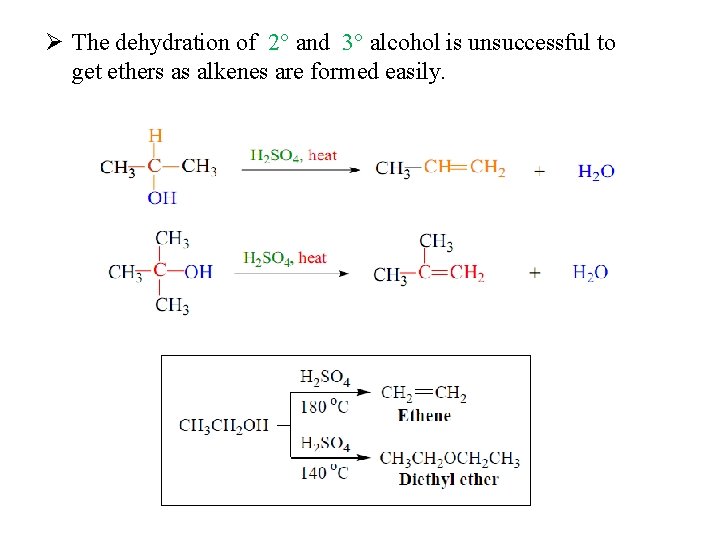 Ø The dehydration of 2° and 3° alcohol is unsuccessful to get ethers as