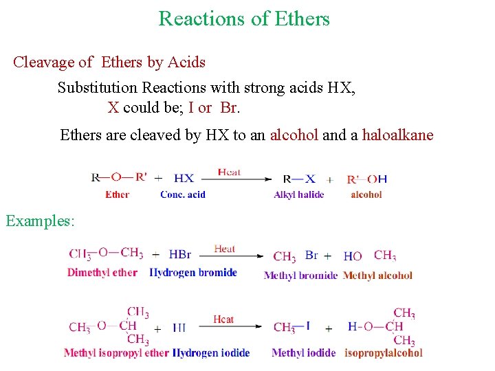 Reactions of Ethers Cleavage of Ethers by Acids Substitution Reactions with strong acids HX,