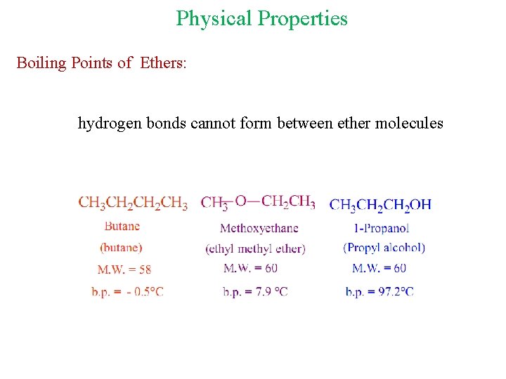 Physical Properties Boiling Points of Ethers: hydrogen bonds cannot form between ether molecules 