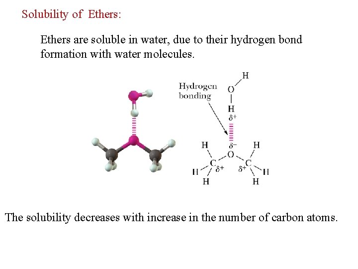 Solubility of Ethers: Ethers are soluble in water, due to their hydrogen bond formation