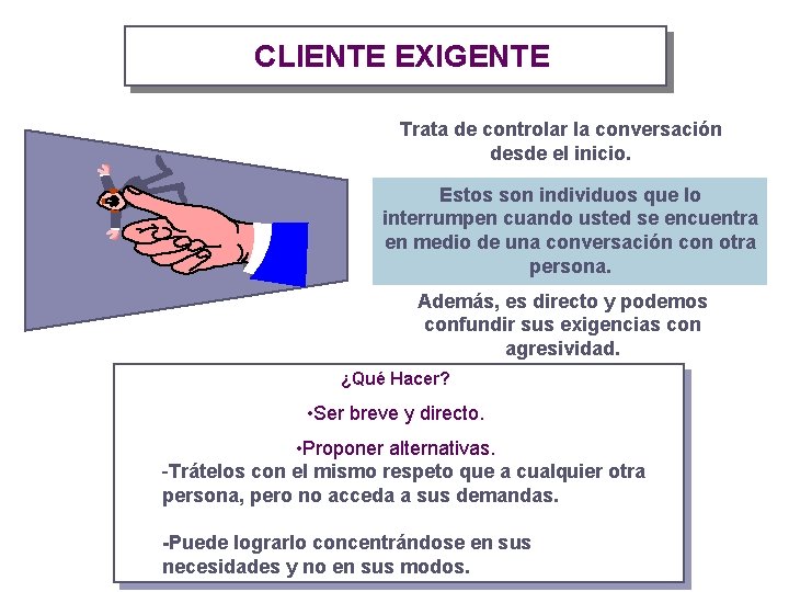 CLIENTE EXIGENTE Trata de controlar la conversación desde el inicio. Estos son individuos que