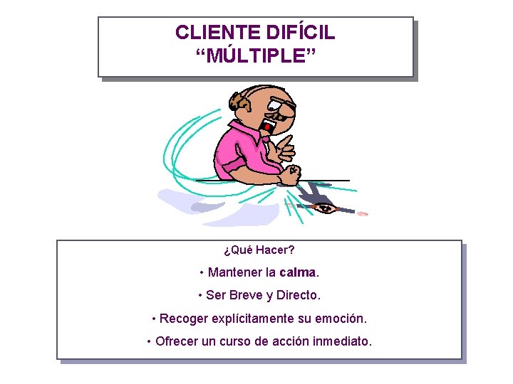 CLIENTE DIFÍCIL “MÚLTIPLE” ¿Qué Hacer? • Mantener la calma. • Ser Breve y Directo.