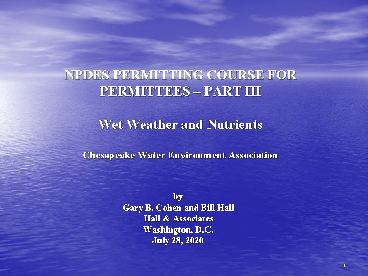 NPDES PERMITTING COURSE FOR PERMITTEES – PART III Wet Weather and Nutrients Chesapeake Water