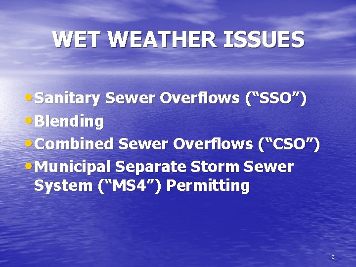 WET WEATHER ISSUES • Sanitary Sewer Overflows (“SSO”) • Blending • Combined Sewer Overflows
