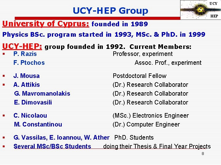 UCY UCY-HEP Group HEP University of Cyprus: founded in 1989 Physics BSc. program started