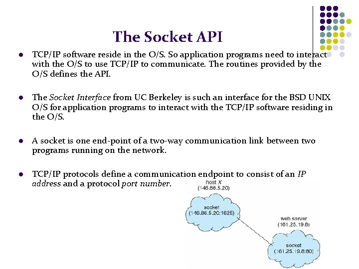 The Socket API l TCP/IP software reside in the O/S. So application programs need