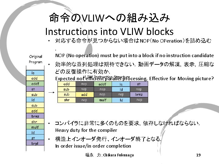 命令のVLIWへの組み込み Instructions into VLIW blocks • 対応する命令が見つからない場合はNOP（No OPeration）を詰め込む ． NOP (No operation) must be