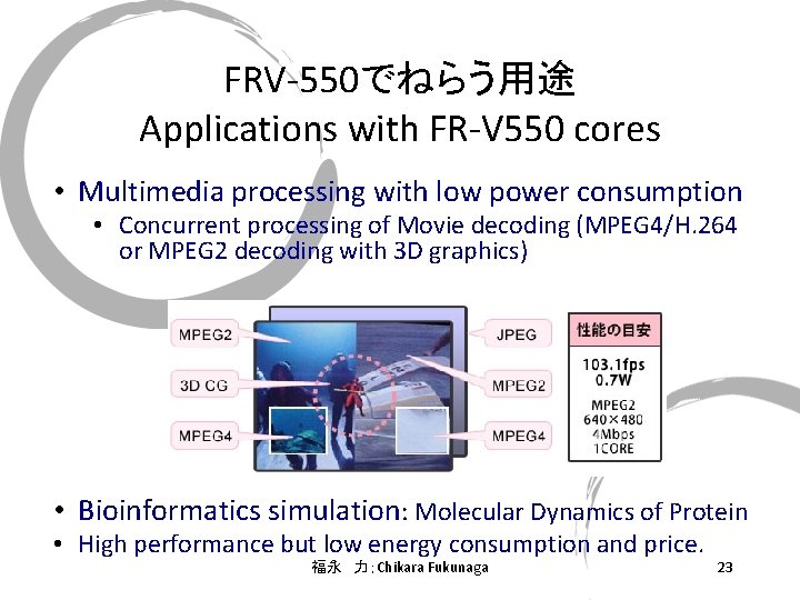 FRV-550でねらう用途 Applications with FR-V 550 cores • Multimedia processing with low power consumption •