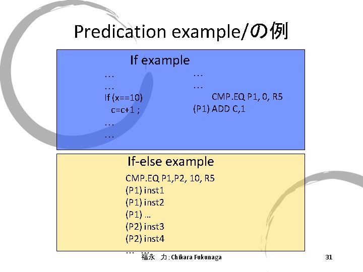 Predication example/の例 If example … … If (x==10) c=c+1 ; … … CMP. EQ