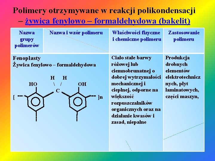 Polimery otrzymywane w reakcji polikondensacji – żywica fenylowo – formaldehydowa (bakelit) Nazwa grupy polimerów