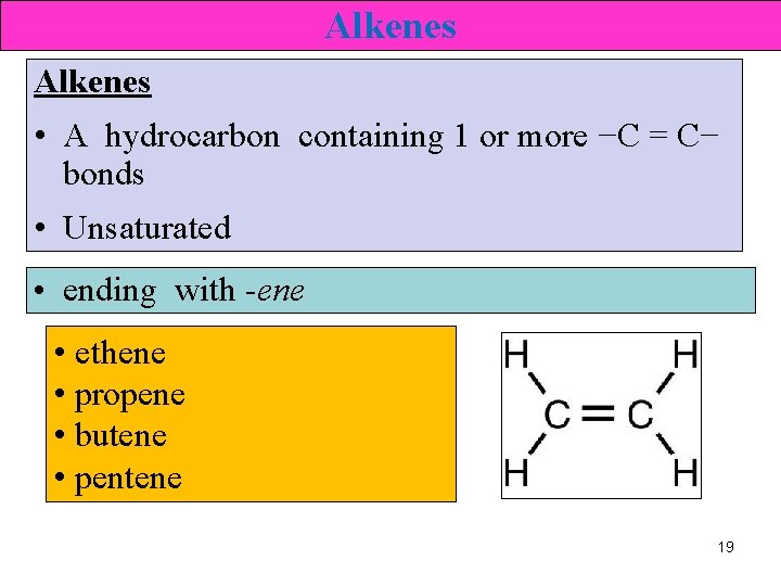 Alkenes • A hydrocarbon containing 1 or more −C = C− bonds • Unsaturated