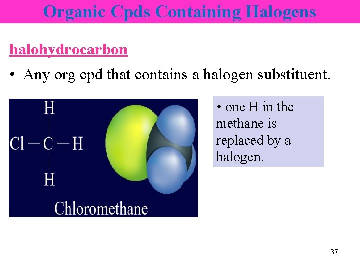 Organic Cpds Containing Halogens halohydrocarbon • Any org cpd that contains a halogen substituent.