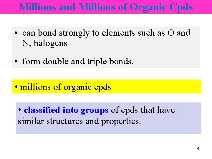 Millions and Millions of Organic Cpds • can bond strongly to elements such as