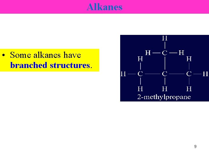 Alkanes • Some alkanes have branched structures. 9 