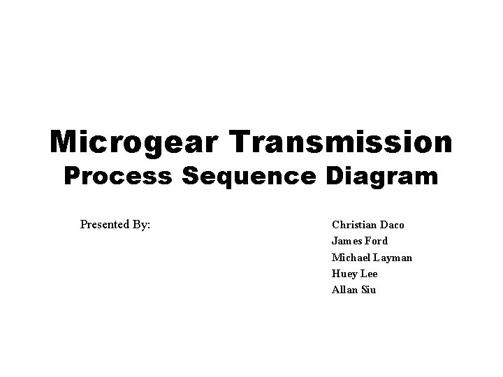 Microgear Transmission Process Sequence Diagram Presented By: Christian Daco James Ford Michael Layman Huey
