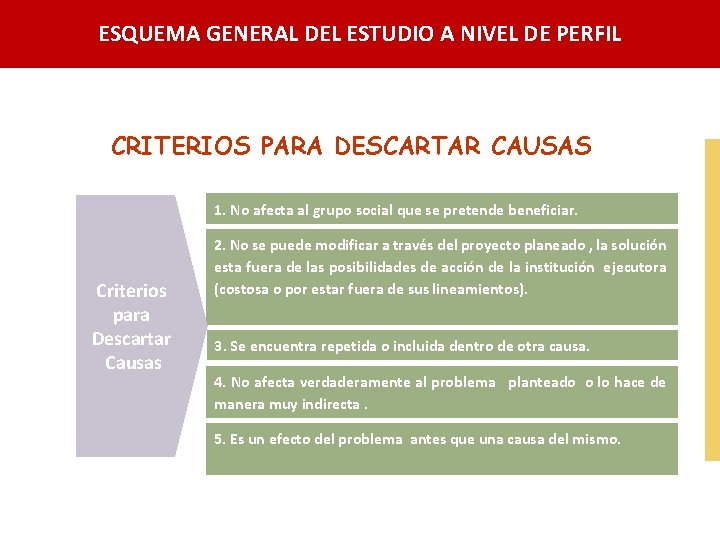 ESQUEMA GENERAL DEL ESTUDIO A NIVEL DE PERFIL CRITERIOS PARA DESCARTAR CAUSAS 1. No