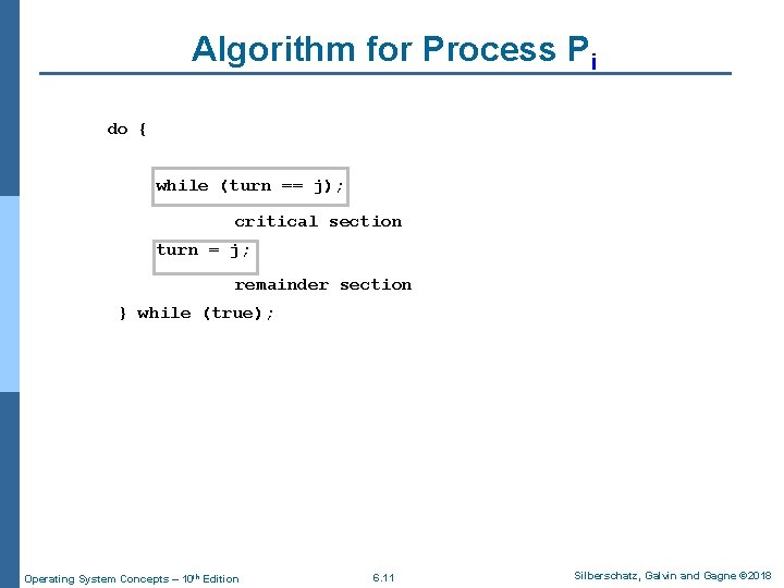 Algorithm for Process Pi do { while (turn == j); critical section turn =
