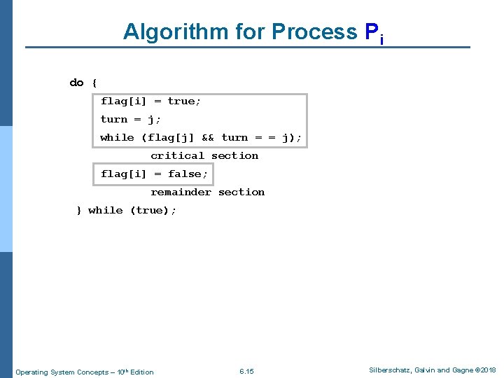 Algorithm for Process Pi do { flag[i] = true; turn = j; while (flag[j]