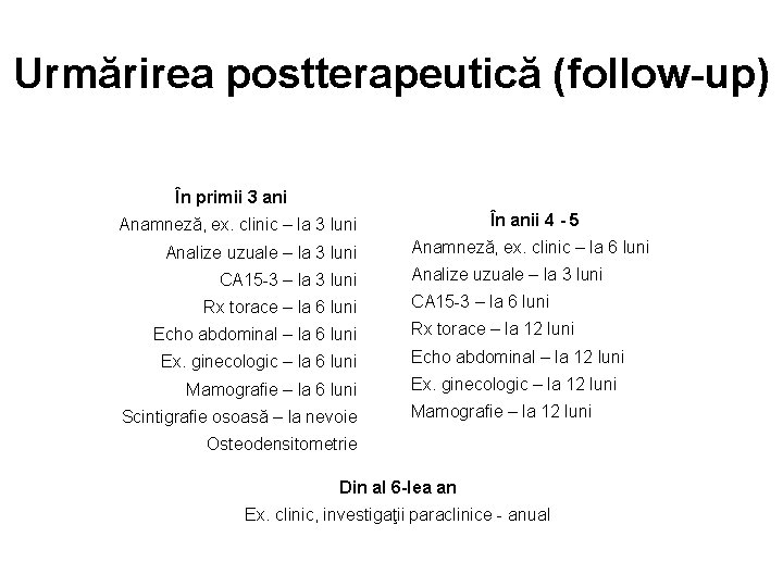 Urmărirea postterapeutică (follow-up) În primii 3 ani În anii 4 - 5 Anamneză, ex.