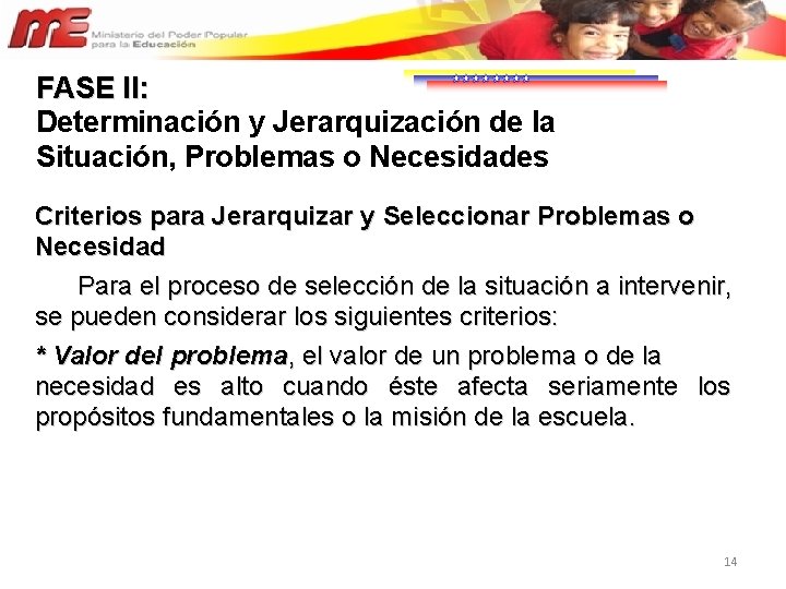 FASE II: Determinación y Jerarquización de la Situación, Problemas o Necesidades Criterios para Jerarquizar