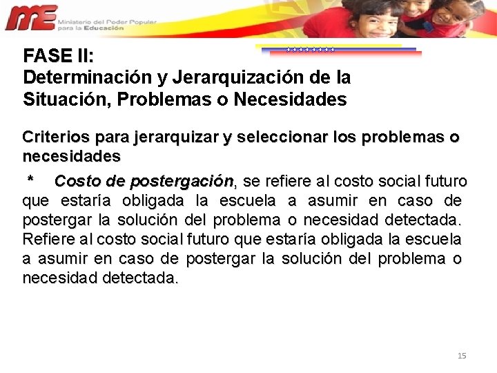 FASE II: Determinación y Jerarquización de la Situación, Problemas o Necesidades Criterios para jerarquizar