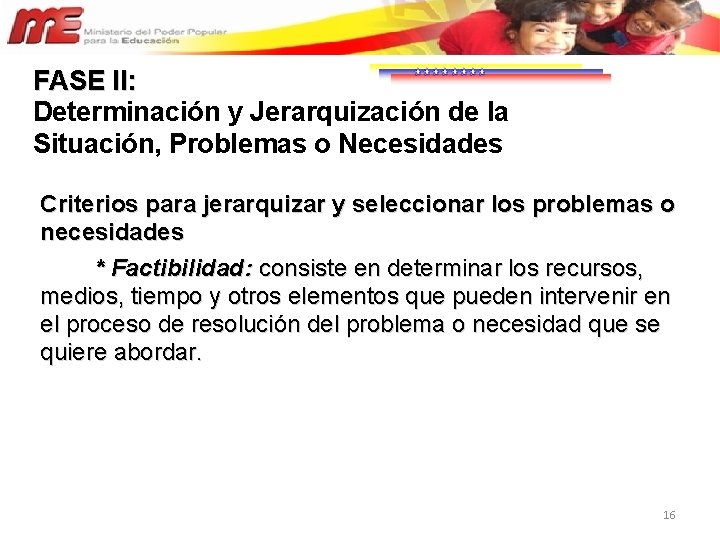 FASE II: Determinación y Jerarquización de la Situación, Problemas o Necesidades Criterios para jerarquizar