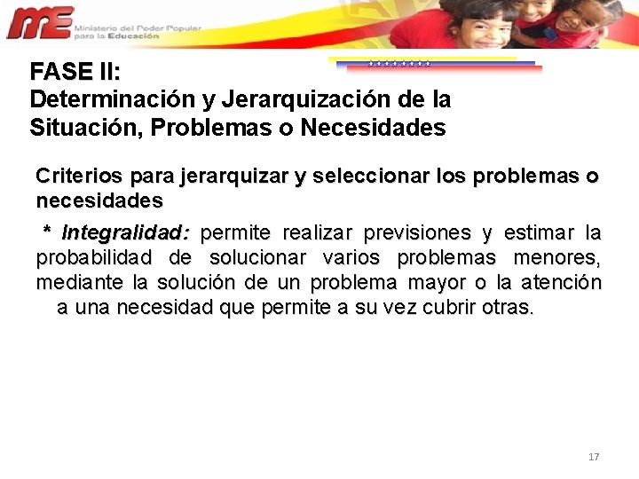 FASE II: Determinación y Jerarquización de la Situación, Problemas o Necesidades Criterios para jerarquizar