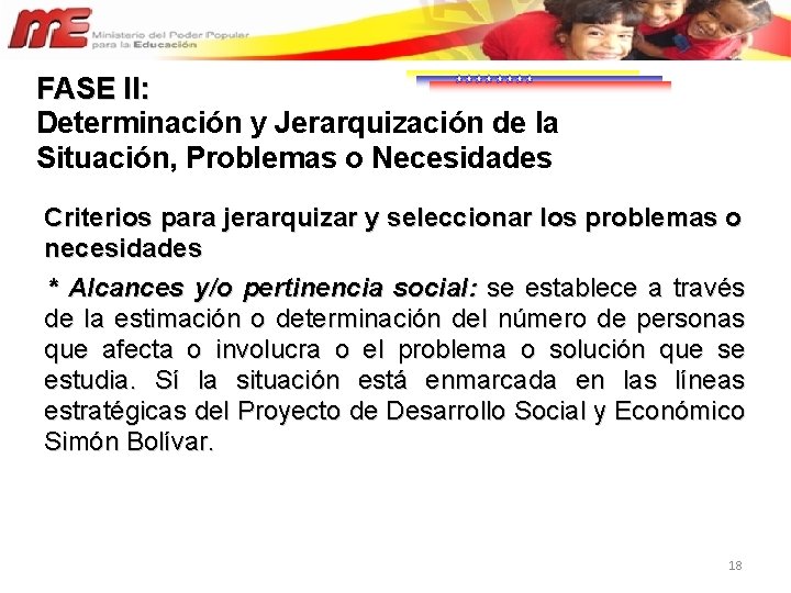 FASE II: Determinación y Jerarquización de la Situación, Problemas o Necesidades Criterios para jerarquizar