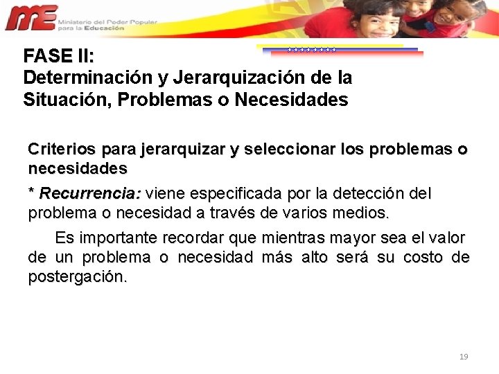 FASE II: Determinación y Jerarquización de la Situación, Problemas o Necesidades Criterios para jerarquizar