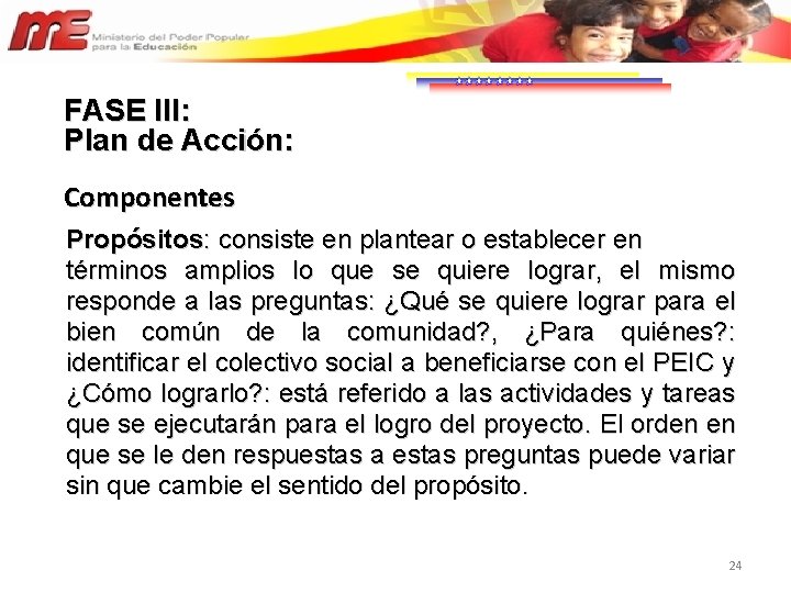 FASE III: Plan de Acción: Componentes Propósitos: consiste en plantear o establecer en términos