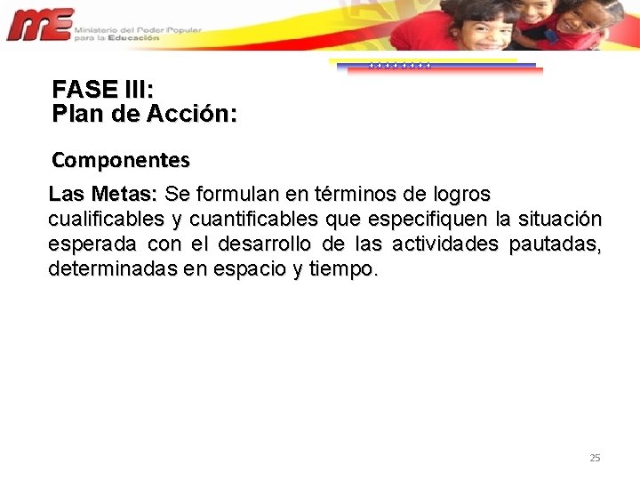 FASE III: Plan de Acción: Componentes Las Metas: Se formulan en términos de logros