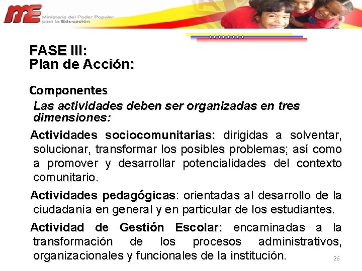 FASE III: Plan de Acción: Componentes Las actividades deben ser organizadas en tres dimensiones: