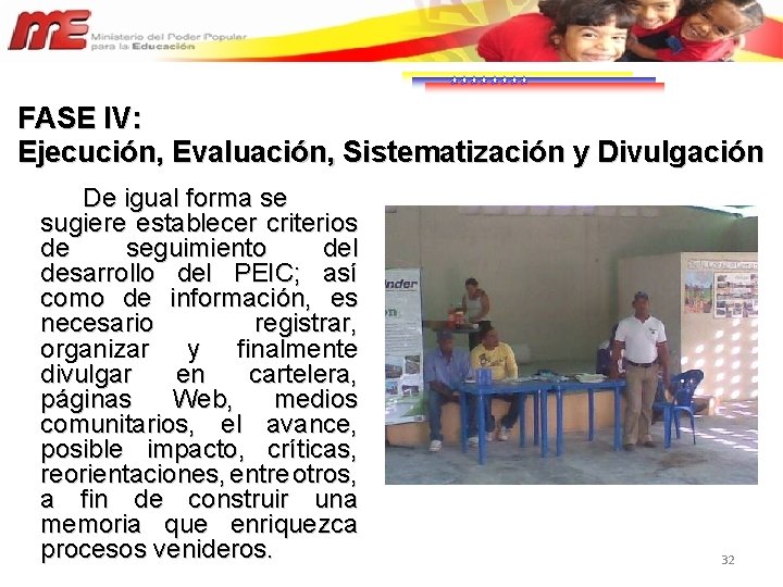 FASE IV: Ejecución, Evaluación, Sistematización y Divulgación De igual forma se sugiere establecer criterios