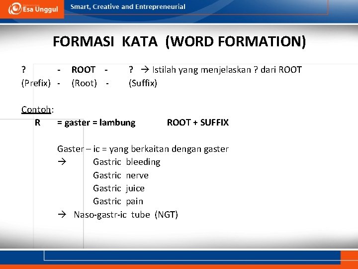 FORMASI KATA (WORD FORMATION) ? (Prefix) - ROOT (Root) - ? Istilah yang menjelaskan