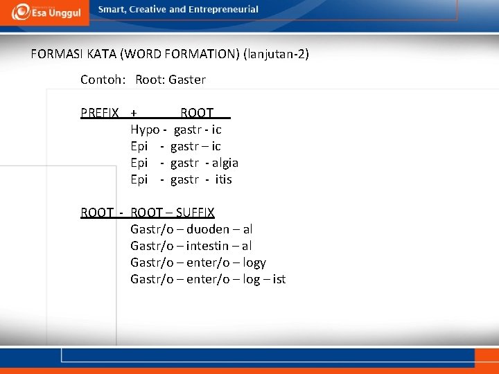 FORMASI KATA (WORD FORMATION) (lanjutan-2) Contoh: Root: Gaster PREFIX + ROOT Hypo - gastr