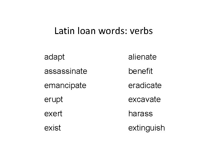 Latin loan words: verbs adapt alienate assassinate benefit emancipate eradicate erupt excavate exert harass