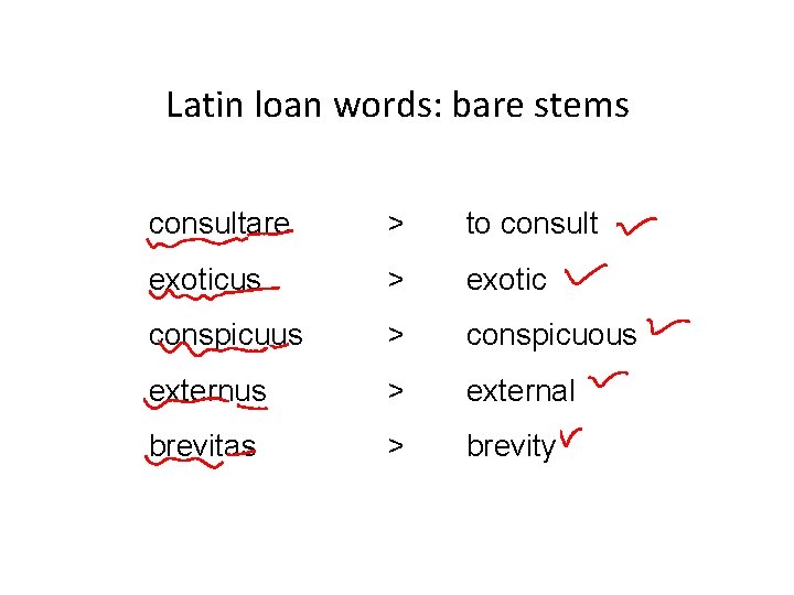 Latin loan words: bare stems consultare > to consult exoticus > exotic conspicuus >