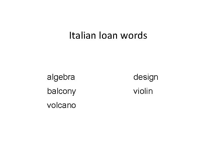 Italian loan words algebra design balcony violin volcano 