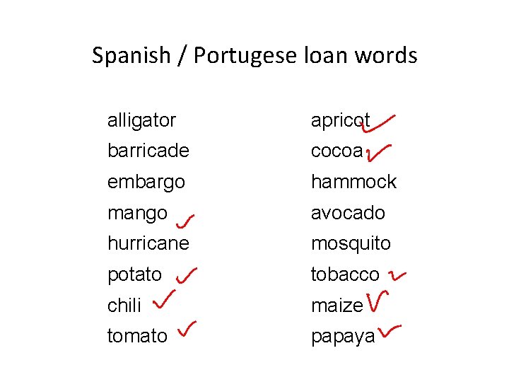 Spanish / Portugese loan words alligator apricot barricade cocoa embargo hammock mango avocado hurricane