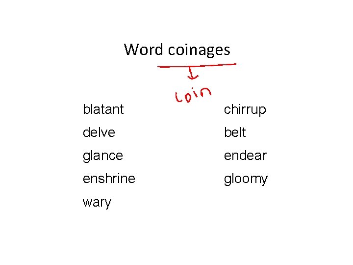 Word coinages blatant chirrup delve belt glance endear enshrine gloomy wary 