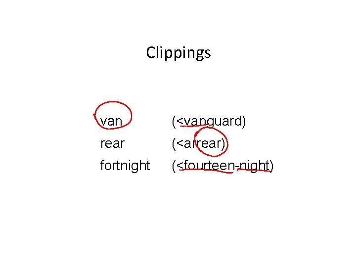 Clippings van (<vanguard) rear (<arrear) fortnight (<fourteen-night) 