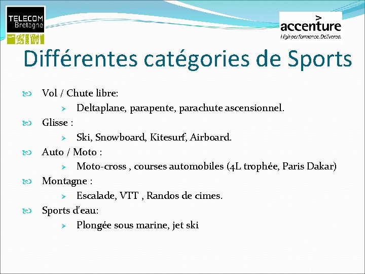 Différentes catégories de Sports Vol / Chute libre: Ø Deltaplane, parapente, parachute ascensionnel. Glisse