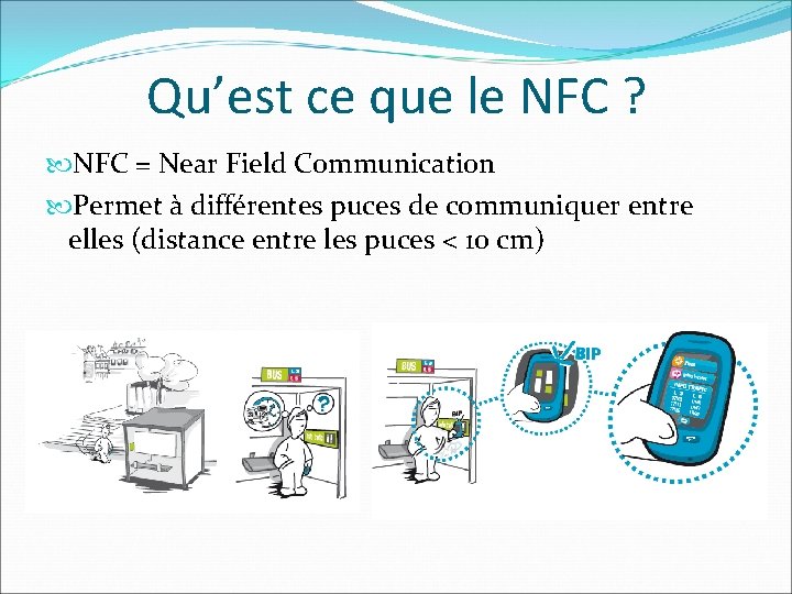 Qu’est ce que le NFC ? NFC = Near Field Communication Permet à différentes