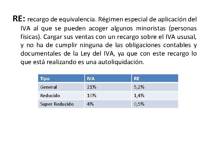 RE: recargo de equivalencia. Régimen especial de aplicación del IVA al que se pueden