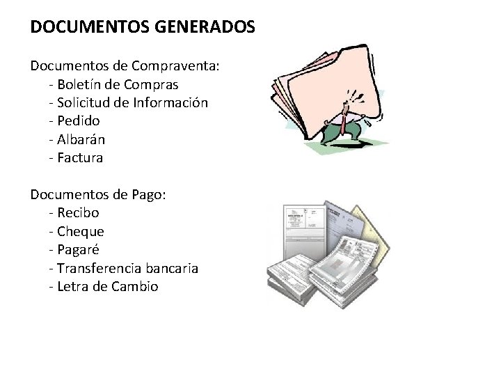 DOCUMENTOS GENERADOS Documentos de Compraventa: - Boletín de Compras - Solicitud de Información -