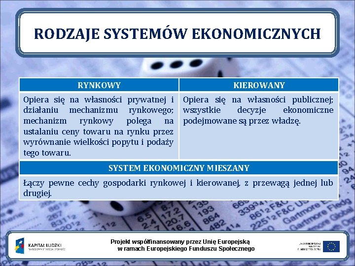 RODZAJE SYSTEMÓW EKONOMICZNYCH RYNKOWY KIEROWANY Opiera się na własności prywatnej i działaniu mechanizmu rynkowego;